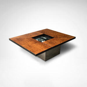 Burl wood coffee table with bar by Paul Michel for Roche Bobois 1980s