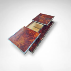 Sliding double deck burl wood and metal coffee table with integrated bar France 1980s