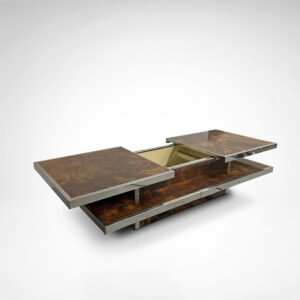 Sliding two tier burl wood and metal coffee table with integrated bar France 1980s