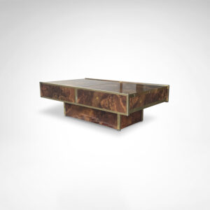 Burl wood and brass metal coffee table with integrated bar by Maison Lancel France 1980s