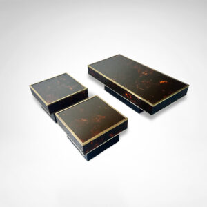 Coffee - and side tables in burl wood and plexiglass by Eric Maville for Jean-Claude Mahey France 1980s, set of 3